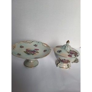 Lot of 2 Antique Porcelain Hand Painted Floral Compote Moriage Gold Dish Japan